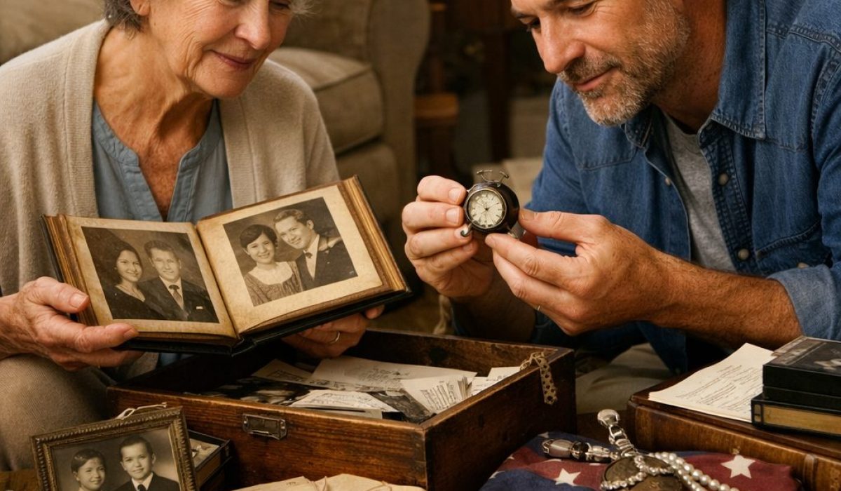 Deux proches trient avec soin des souvenirs familiaux après un décès, entre album photo, lettres anciennes et montre de famille.