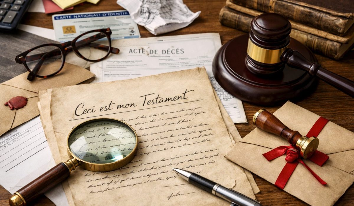 Testament olographe manuscrit sur un bureau avec loupe, cachet notarial et documents juridiques illustrant les erreurs à éviter pour le reconnaître et le faire enregistrer