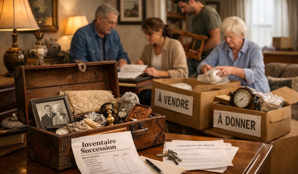 Famille en train de trier et inventorier des meubles après un décès avant vente et partage de succession