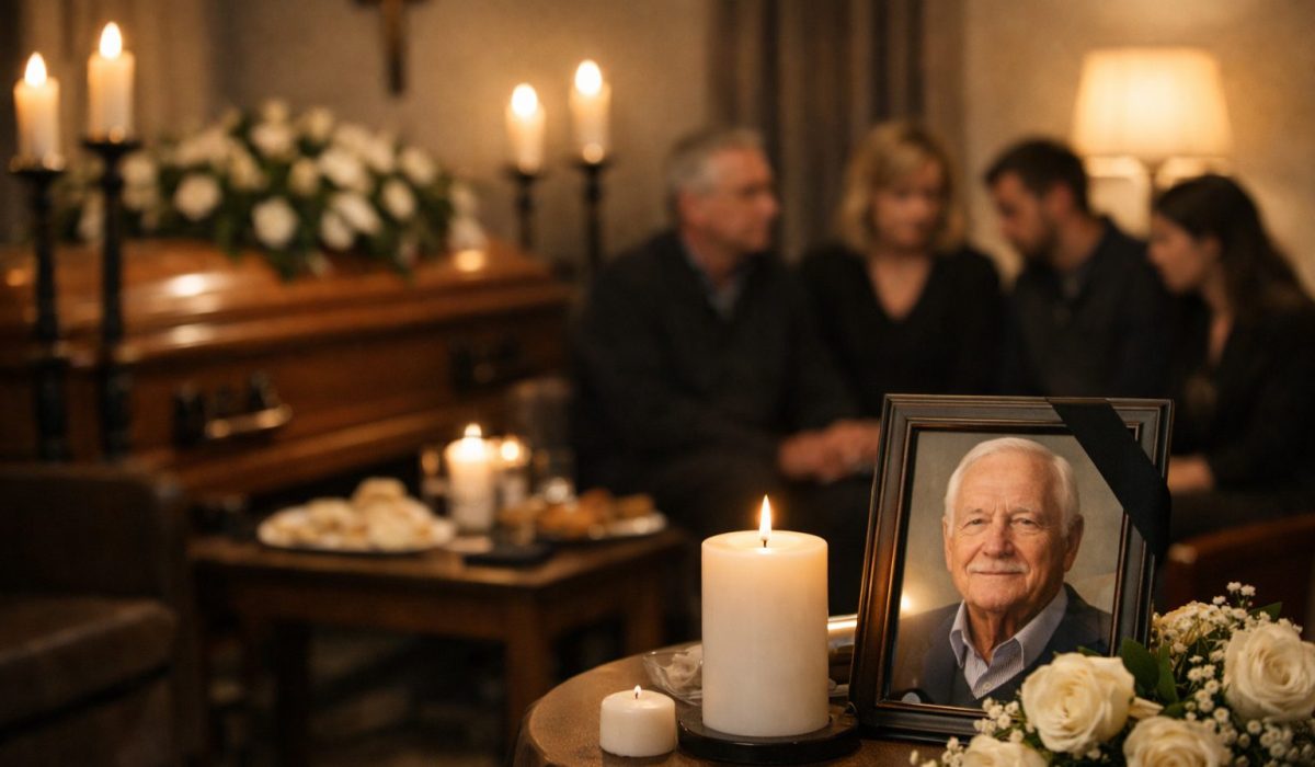 Veillée funèbre dans un salon avec portrait du défunt, bougies, fleurs blanches et proches réunis dans un moment de recueillement